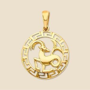 14K Solid Gold Round Capricorn Zodiac Sign Charm | Elegant Astrology Pendant |